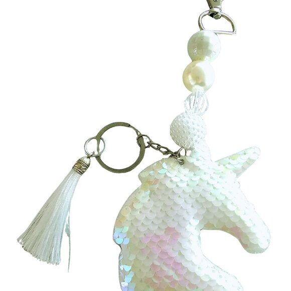 White Iridescent Unicorn Keychain with Tassel & Pearl Beads, Cute Sparkly Charm - Picture 1 of 1